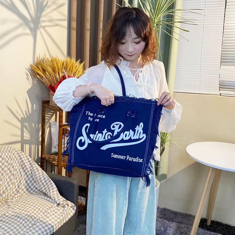 Large Capacity Canvas Tote Bag with Denim Fabric and Tassel Design for Commuting