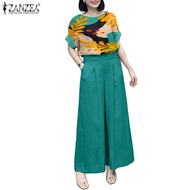 ZANZEA Women Short Sleeve Print Blouse and Wide Leg Pants Summer Two Piece Suit Sets