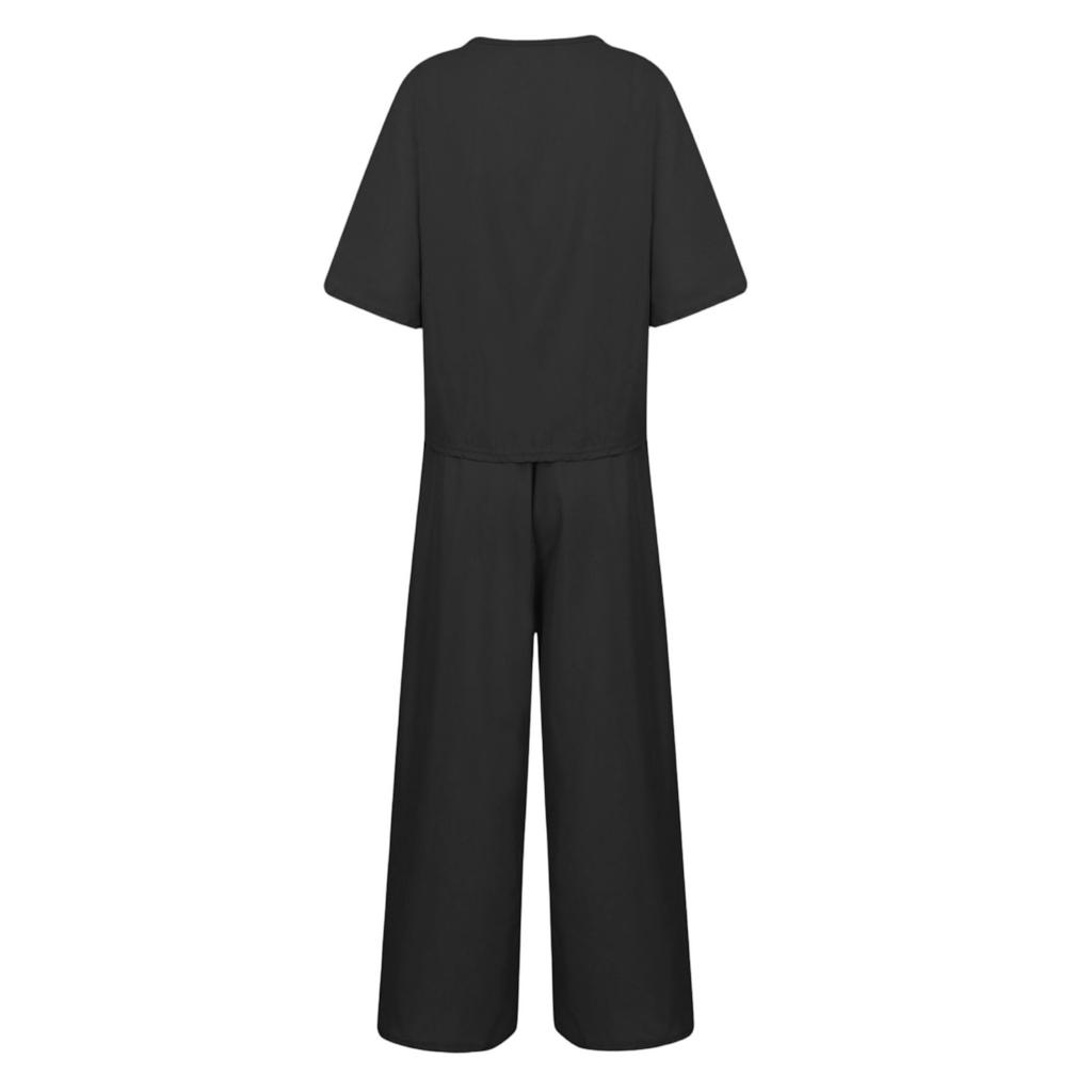 Women's Casual Mid Sleeve Low Round Neck Loose Wide Leg Long Pants Set