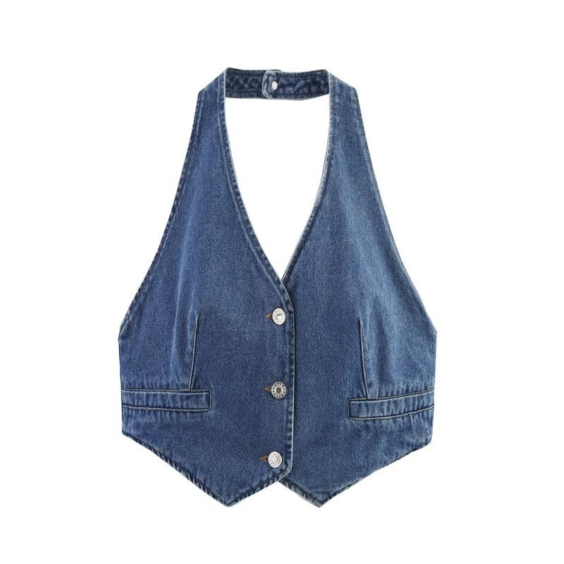 

2025 Summer European & American Style Women s Backless Denim Halter Vest Large