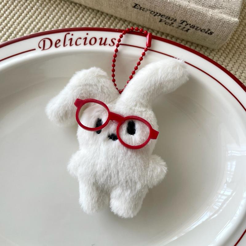 

Cute Cartoon Plush Rabbit Red Glasses Key Chains Bag Pendant Decoration Keyring Student Backpack Hanging Couple Gifts