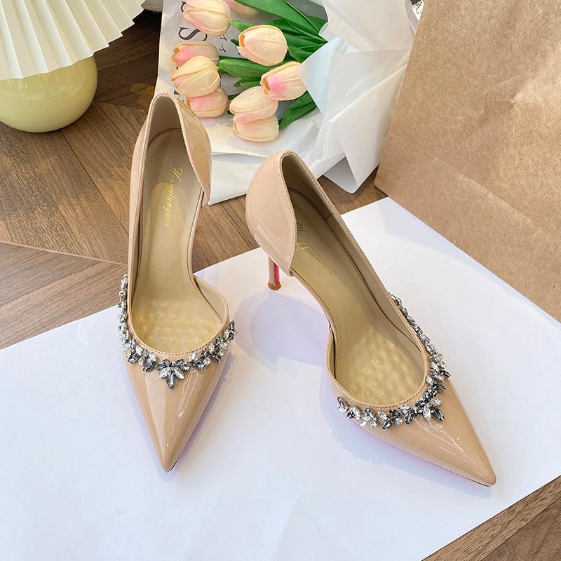 Nude high heels women's new chain rhinestone thin heel pointed temperament red sole banquet side empty single shoes