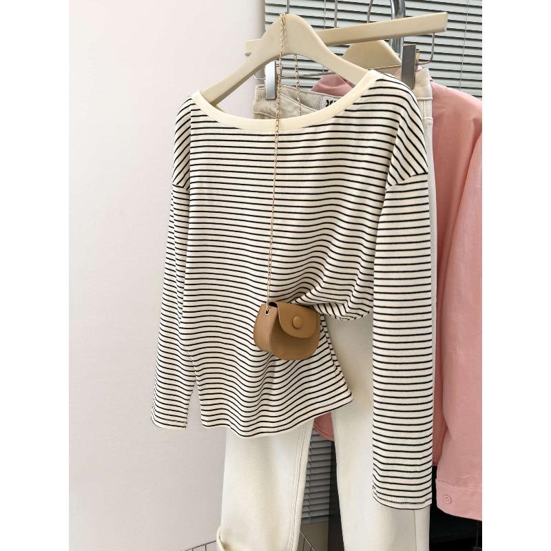 

Полосатая футболка с одним плечом, с длинным рукавом, женская новая свободная базовая футболка, топ с открытыми плечами XL