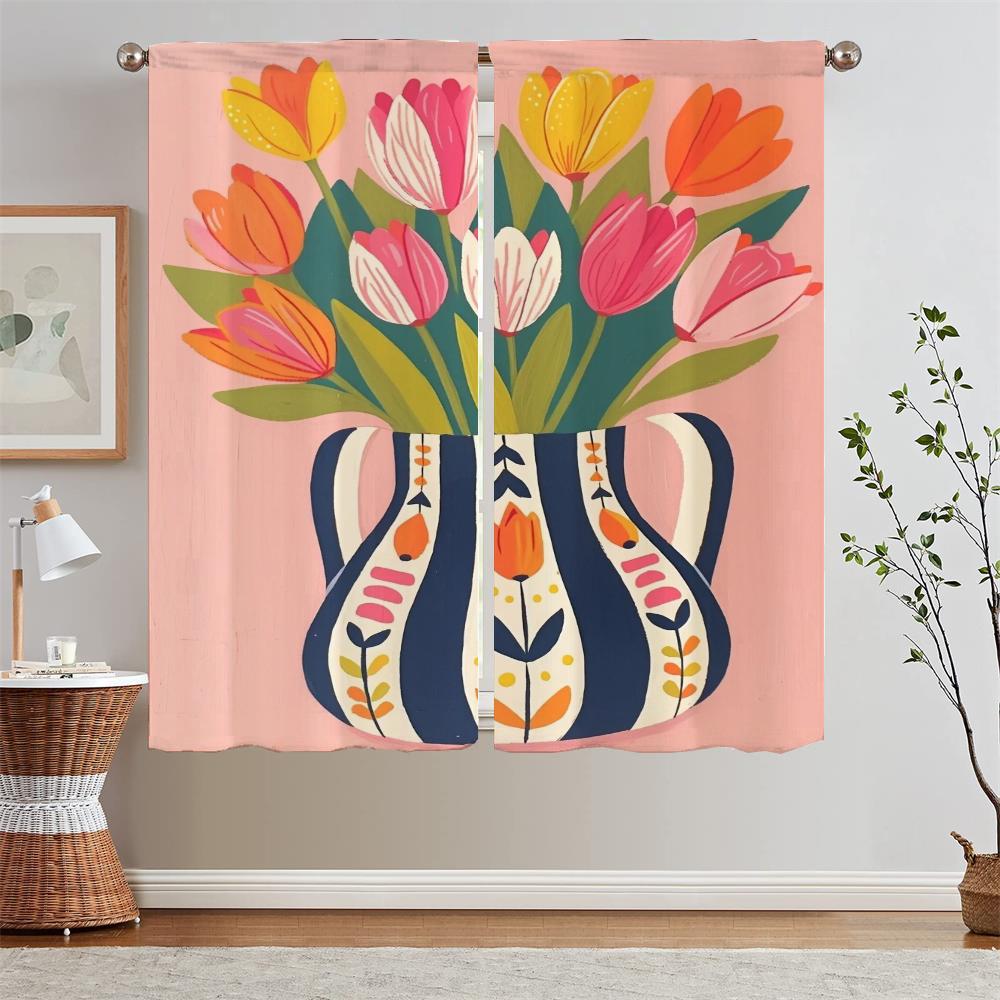 The Fiery Red Tulips Kitchen Curtains Salon 2 Cheap Pieces Bedroom Blackout Curtains for Living Room Blind Bathroom Curtain Home