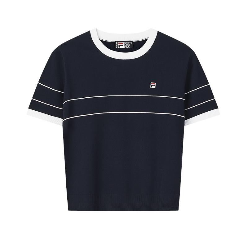 

FILA Мода из наследия Классический Простой Ретро В полоску Повседневный С круглым вырезом С коротким рукавом Вязаный свитер Женские топы Сигаретно-синий F11W628416FDB S