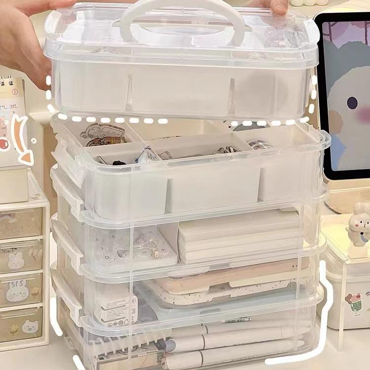 Vierschichtige tragbare Aufbewahrungsbox: Organizer mit großer Kapazität für Studenten, Zeitschriften und Medikamente.
