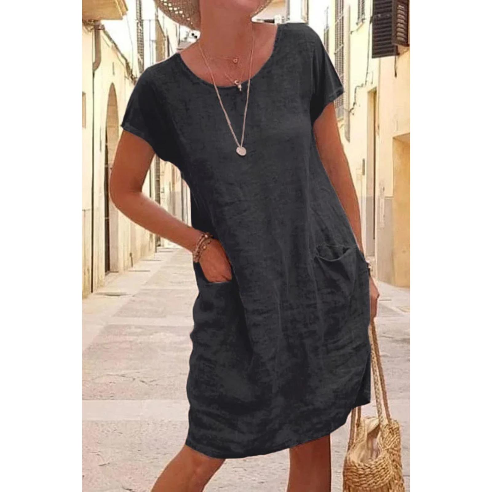 

Women s Casual Midi Dresses New Summer Cotton Linen Short Sleeve Dress 5XL чорний