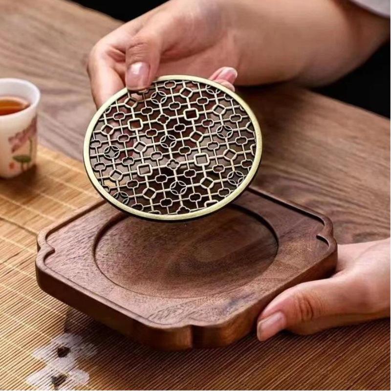 Wooden Wave Pattern Teapot & Cup Mat Heat Insulated Cup Mat Ceremony Accessory Purple Clay Cup Pad Dining Table Tea Tray Mat