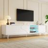 White TV Cabinet with Three Sliding Doors, MDF, Glass Shelf, App-controllable LED Lighting, Thin Steel Legs, Minimalist Living Room Storage Cabinet