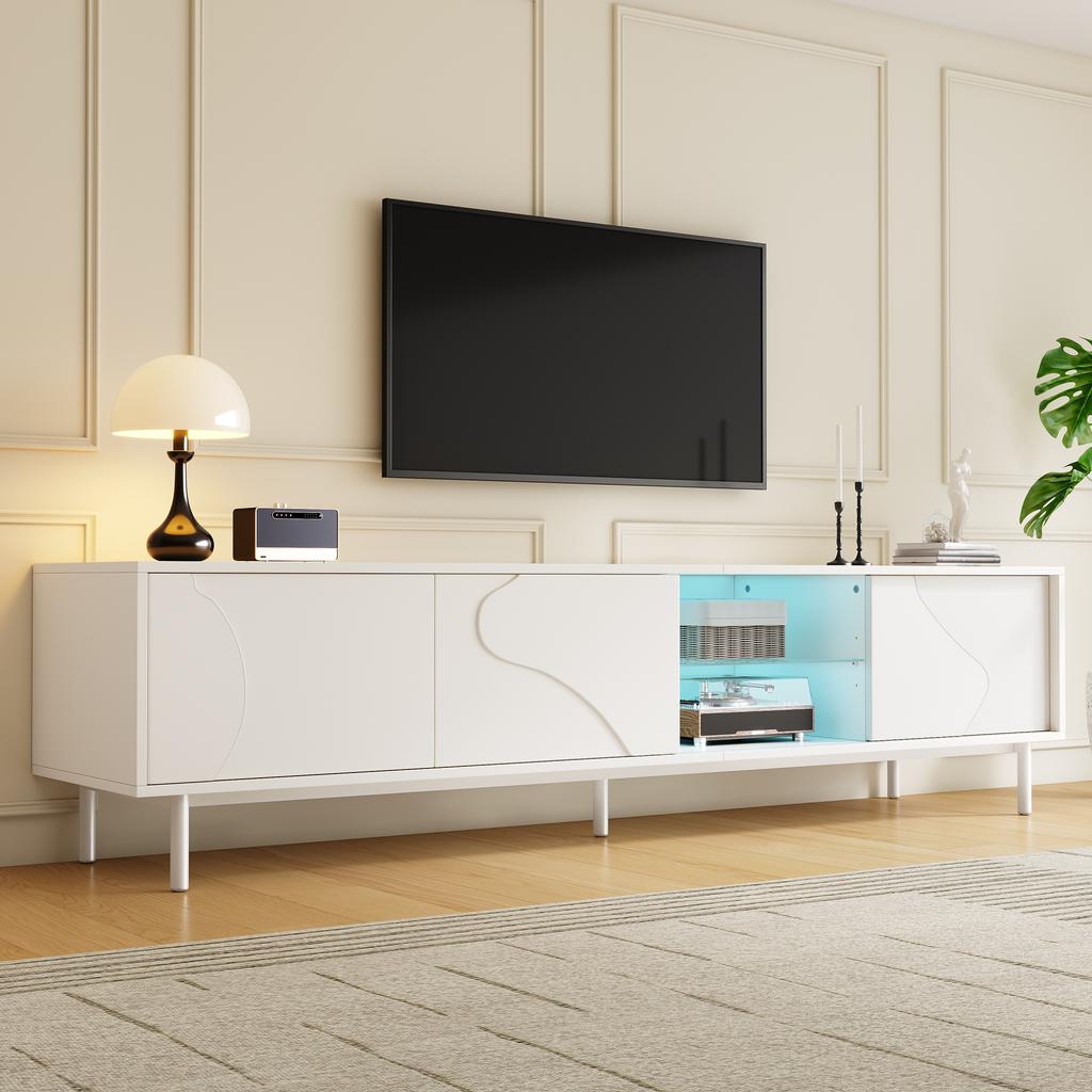 White TV Cabinet with Three Sliding Doors, MDF, Glass Shelf, App-controllable LED Lighting, Thin Steel Legs, Minimalist Living Room Storage Cabinet