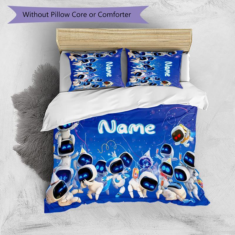3pcs Custom Name Astro Bot Bedding Set Duvet Cover Closure Includes 1 Duvet Cover & 2 Pillowcases for All Seasons Bedroom Decor