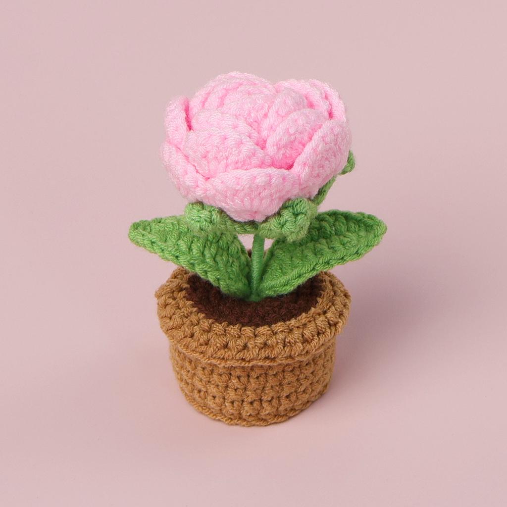 Handmade Knitted Gradient Blue Rose Flower Potted Plant Desktop Ornament Finished Wool Crochet Flower Pot Home Room Decoration