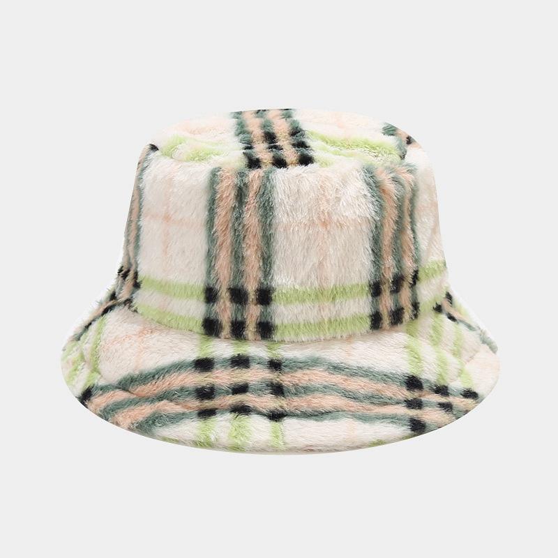 Autumn and Winter New Fisherman's Hat Women's European and American Plaid Pattern Fluffy Basin Hat Outdoor Thermal Visor Tide