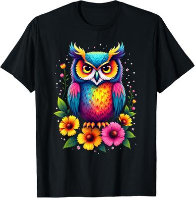 Colorful Rainbow Owl Graphic Tee Men's Cotton Casual Round Neck T-Shirt Trip