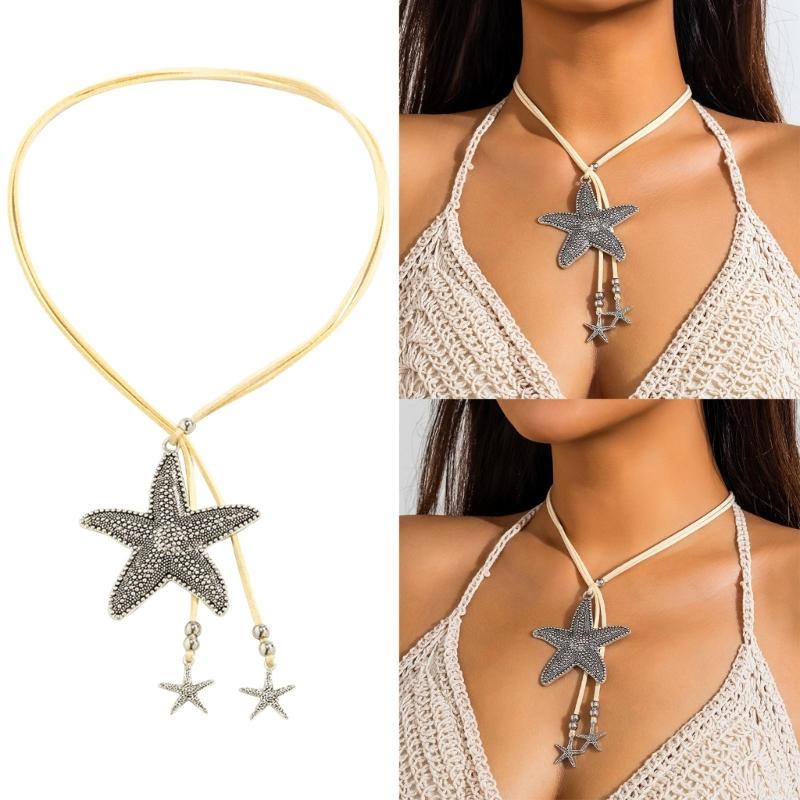 Starfish Fringe Necklace Women Vacation Style Long Velvets Rope Clavicle Chain Adjustable Length Collar Chain Jewelry