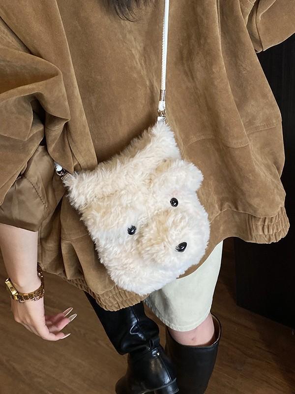 Cartoon Plush Bear Bag For Women With Large Capacity Soft Knit Material For Daily Use