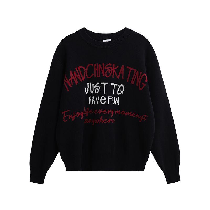 Men's American Retro Street Style Letter Jacquard Crew Neck Sweater, Men's Lazy Style Loose Pullover Knitwear for Couples