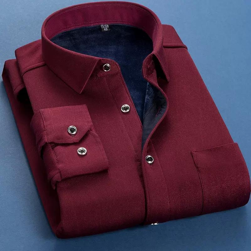 Autumn Winter Men Fleece Warm Shirt Fashion Solid Long Sleeve Business Shirt Plaid Thick Warm Shirts NS5517