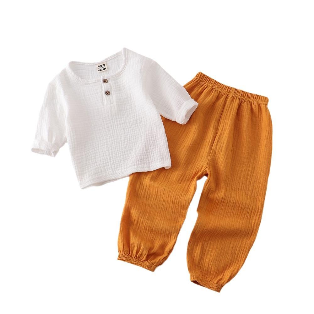 Kids Cotton Linen Long Sleeve Set Spring Summer Outfit Boys Girls Loose Two Piece Pure Color Breathable Comfortable