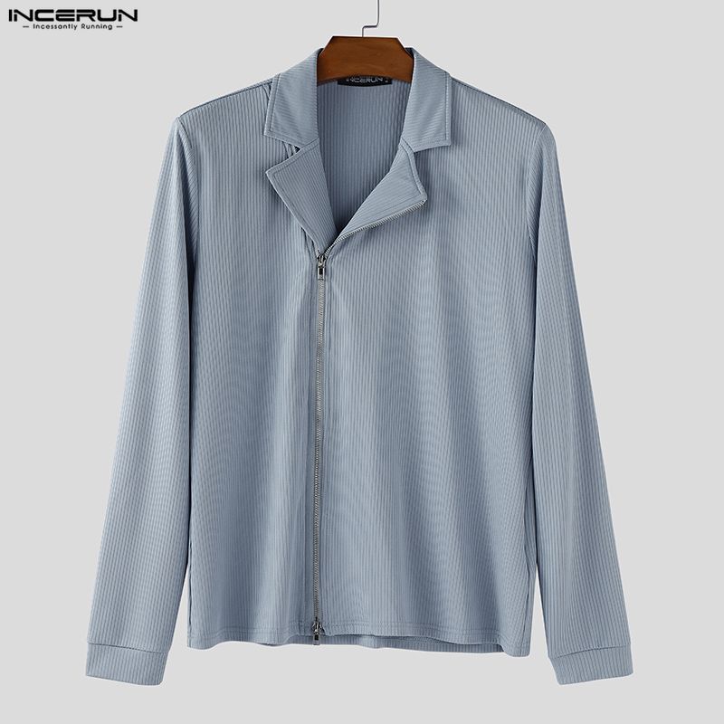 INCERUN Men Lapel Neck Long Sleeve Side Zip-up Casual Fitted Rib Pullovers Undershirts