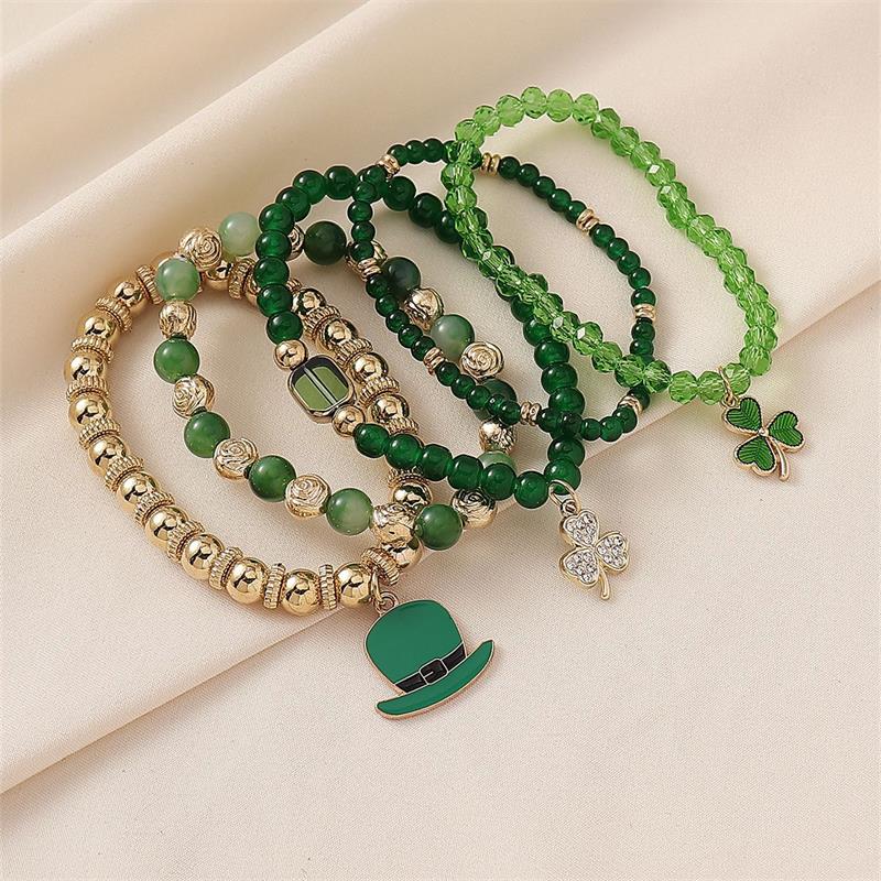 St.Patrick's Day Bracelets for Women Men Mutilayered Lucky Shamrock Charm Bracelet Green Leaf Hat Beaded Holiday Bracelet Irish Festival Party Jewelry