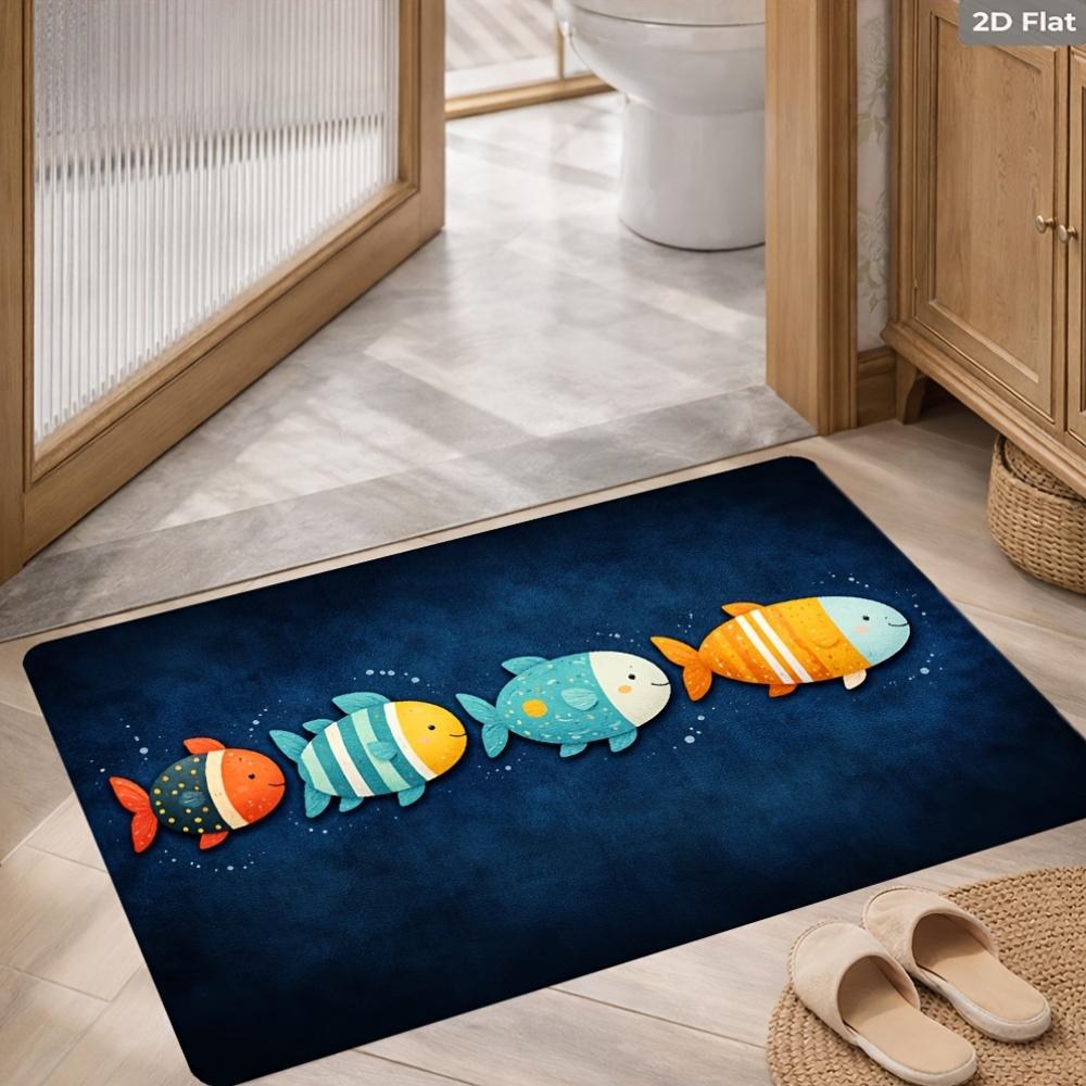 2D Flat Cute Fish Line Up Ocean Blue Background Kids Flannel Bath Mat Non Slip Underwater World Rug For Bathroom Nursery Floor