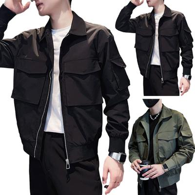 Men Jacket Solid Color Jacket Loose Zipper Closure Long Sleeve Buttons Lapel Multiple Pockets Casual Smooth Hip Hop Streetwear Men Coat