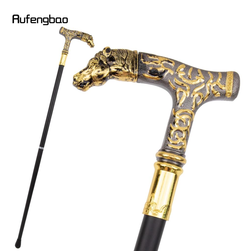 Goldener schwarzer Pferde-Luxus-Muster-Spazierstock Party-Mode Eleganter Spazierstock Dekorativer Cosplay-Spazierstock-Knauf-Kreuzstab 90cm