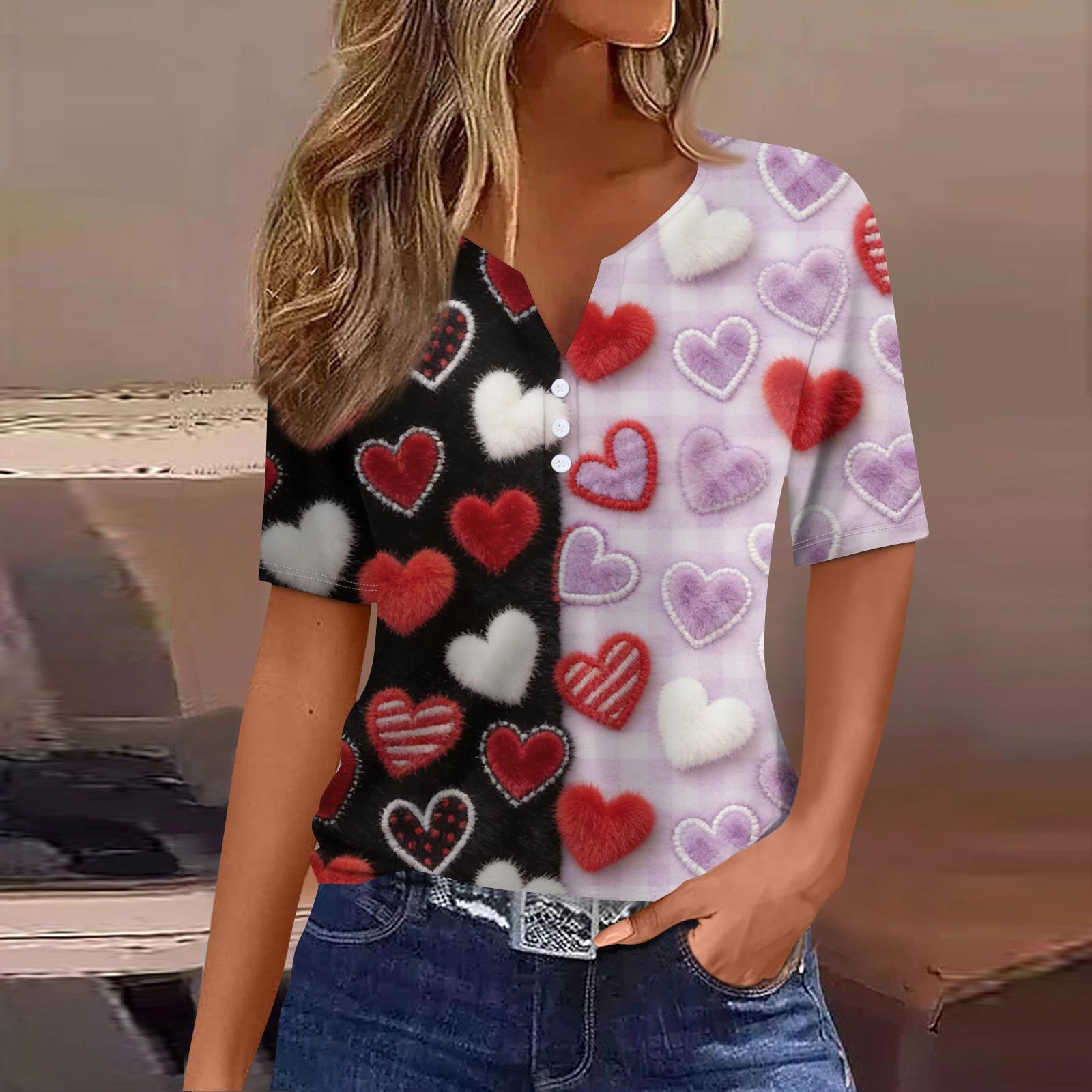 

Women s Fashion Casual V,Neck Short,Sleeve T,Shirt With Decorative Buttons And Valentine s Day Print Top L фіолетовий