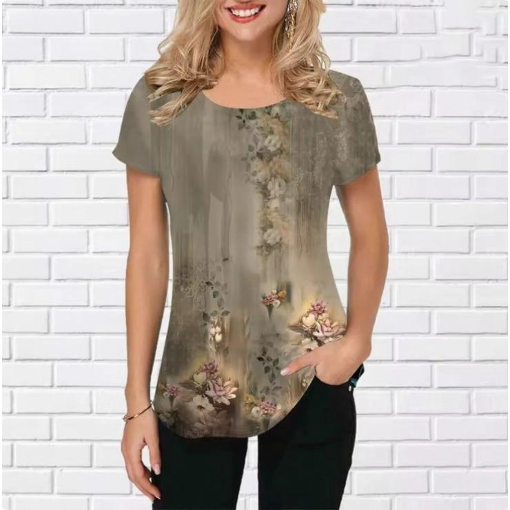 Summer Round Neck 3D Retro Floral pattern Print Top Fashionable Casual Short Sleeved Women's T-shirts