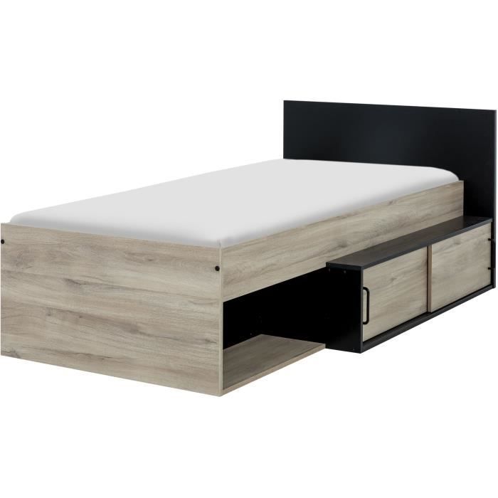 GAMI Erquy Children's Bed with Storage - Light Kronberg Oak and Black Decor - 90 X 200 Cm