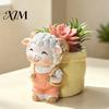 Resin Animal Flower Pot Cute Lamb Planter, Cartoon Sheep Carring Bag Plant Pot, Decorative Planter Small for Succulents, Houseplants, Desk Decoration