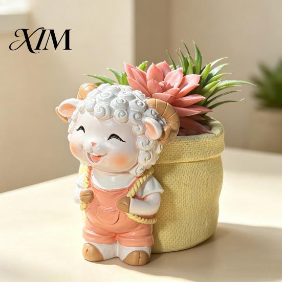 Resin Animal Flower Pot Cute Lamb Planter, Cartoon Sheep Carring Bag Plant Pot, Decorative Planter Small for Succulents, Houseplants, Desk Decoration