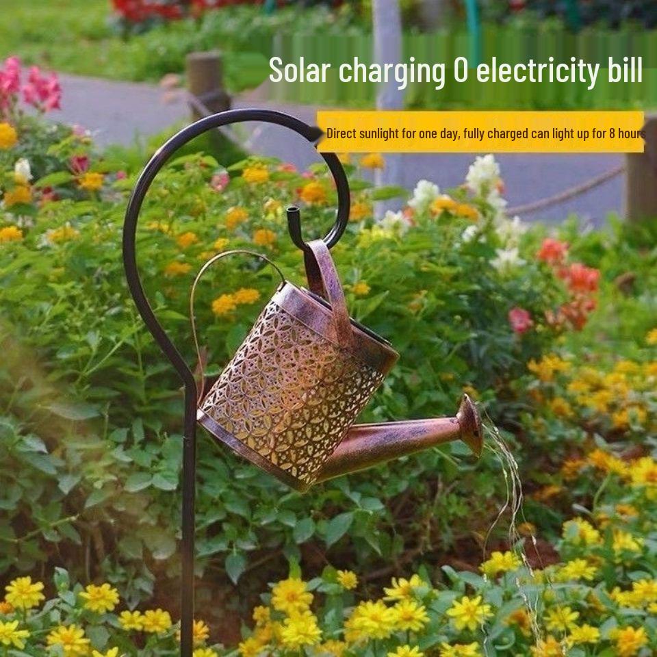 Solar Kettle Light: Outdoor Garden Decoration with Wrought Iron Water Sprinkler