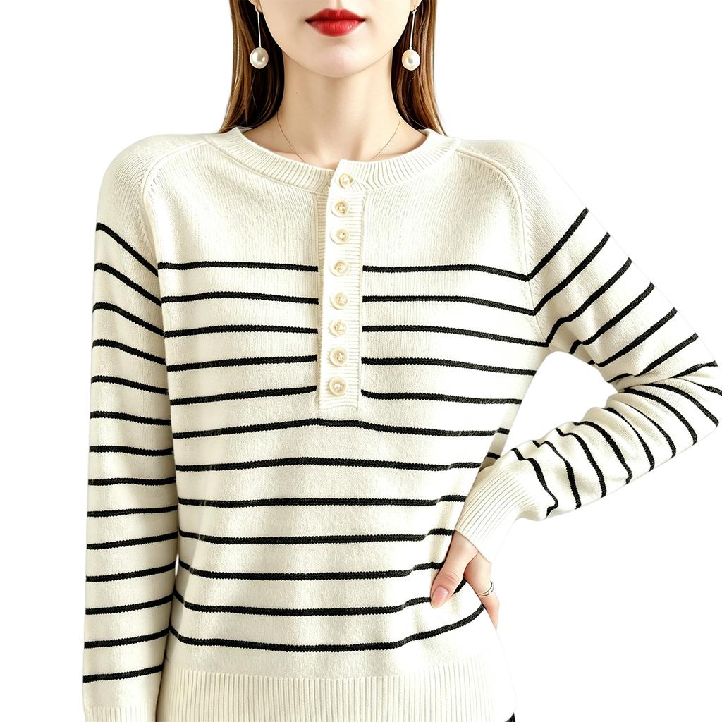 Women's Casual Striped Knit Top with Button Front and Round Neck Loose Fit for Everyday Wear