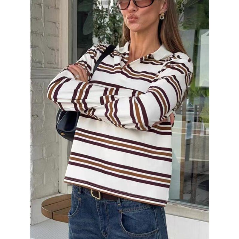 Western Style Fashion Loose Casual Stripe Long Sleeves Shirt Top Striped Long Sleeve Shirt