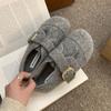 Gray fluffy shoes for women to wear in winter, new Korean version of woolen single shoes for women, flat-soled Doudou shoes, velvet thermal cotton sh