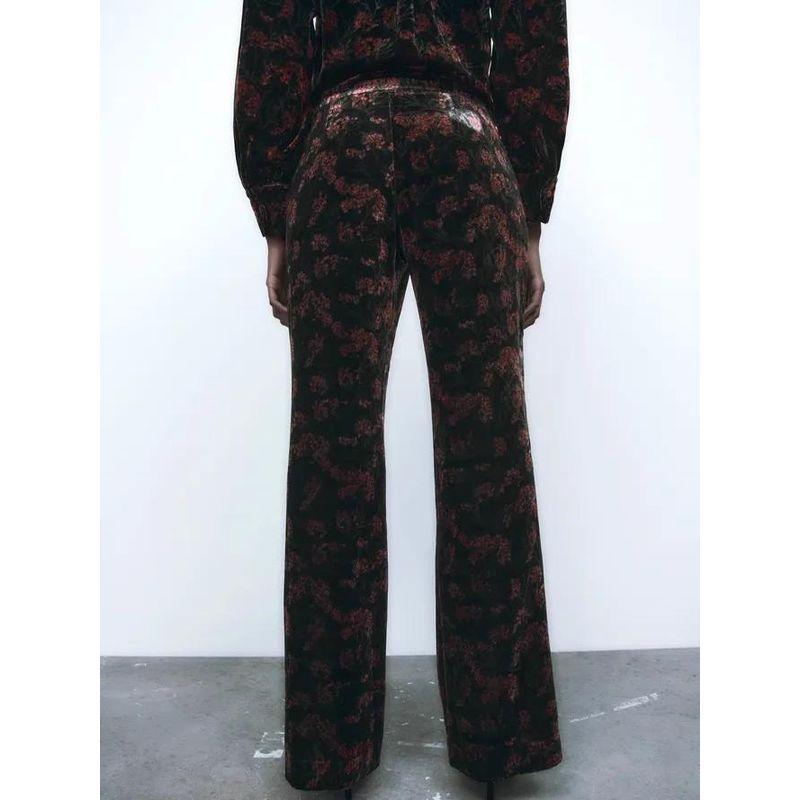 Export Single Za Home High Waist Slim Looking Commuter's All-Matching Velvet Exquisite Print Fashion Wide-Leg Stylish New Arrival Pants Women