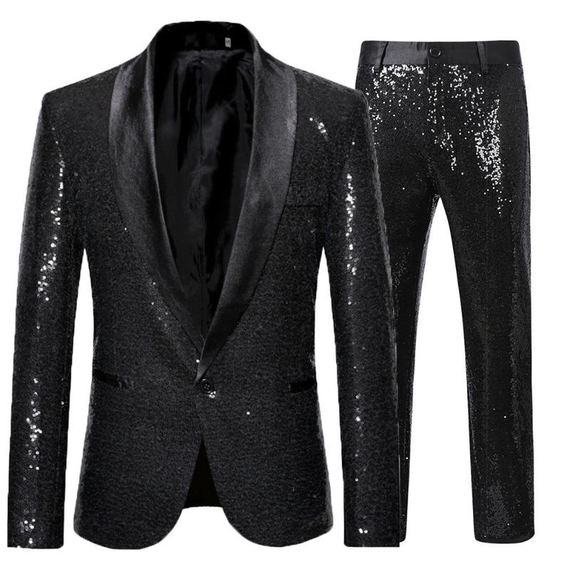 Heren paars pailletten smokingpak zwart satijnen revers 2-delig formeel feest blazer en broek set