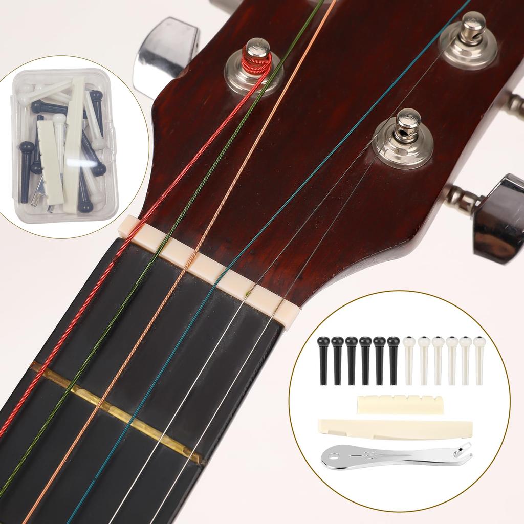12 Pcs Acoustic Guitar Bridge Pins with Bridge Pin Puller Remover & Guitar Bridge Saddle Nut, Replacement Parts and Accessories