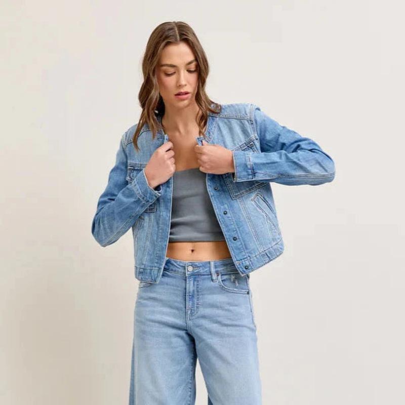 Jachetă de denim retro slim fit fără guler pentru femei, primăvara 2025, cu buzunare