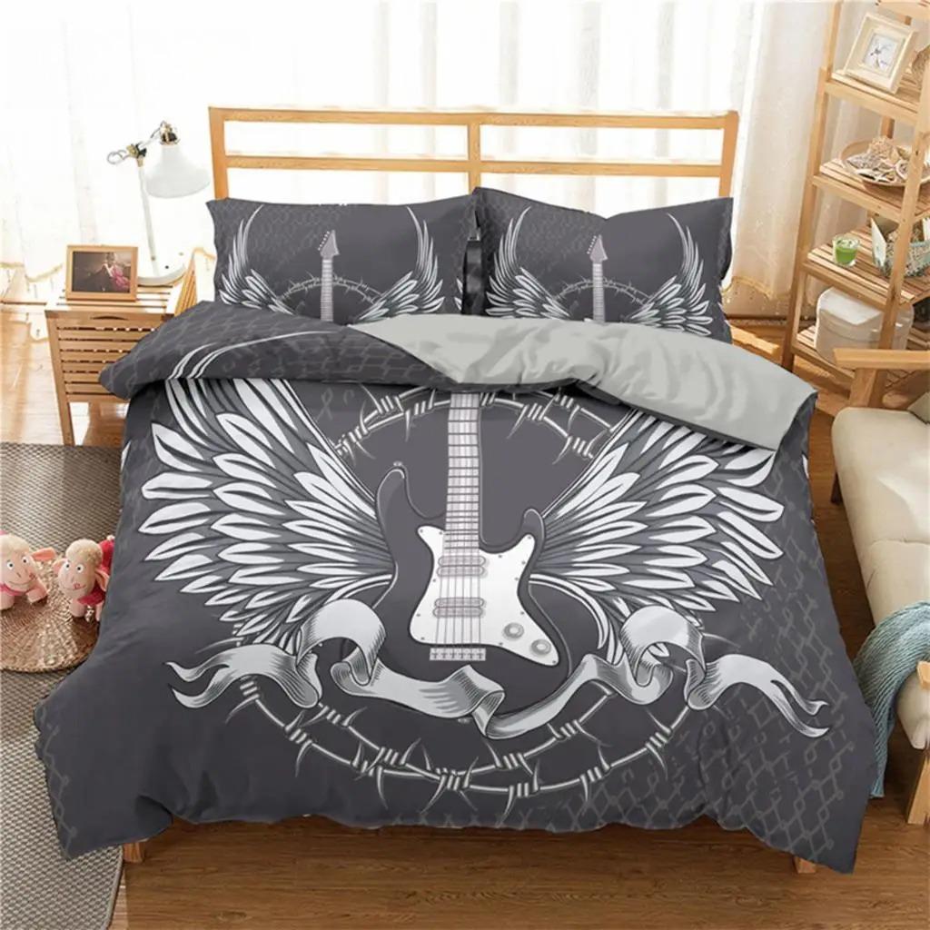 Vintage Guitar Duvet Cover Set Music Theme 2/3Pcs Bedding Set For Kids Teens Adult Microfiber Print Comforter Cover Pillowcase