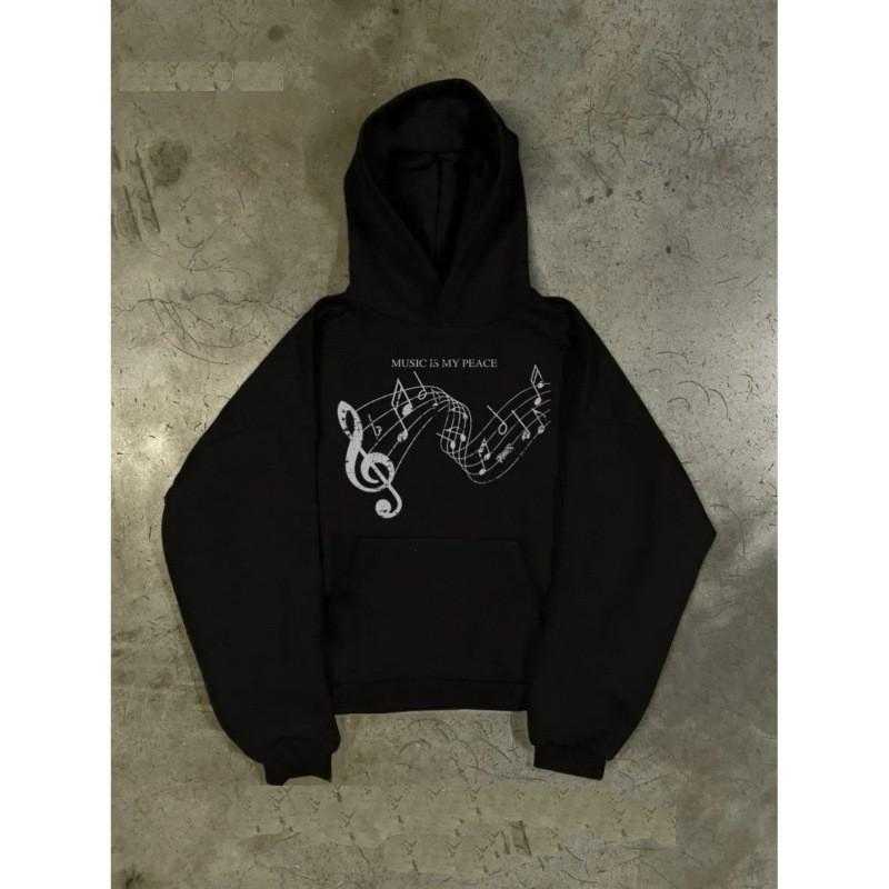 Y2K Printed Loose Hooded Sweatshirt Jacket Streetwear Womens Fashion