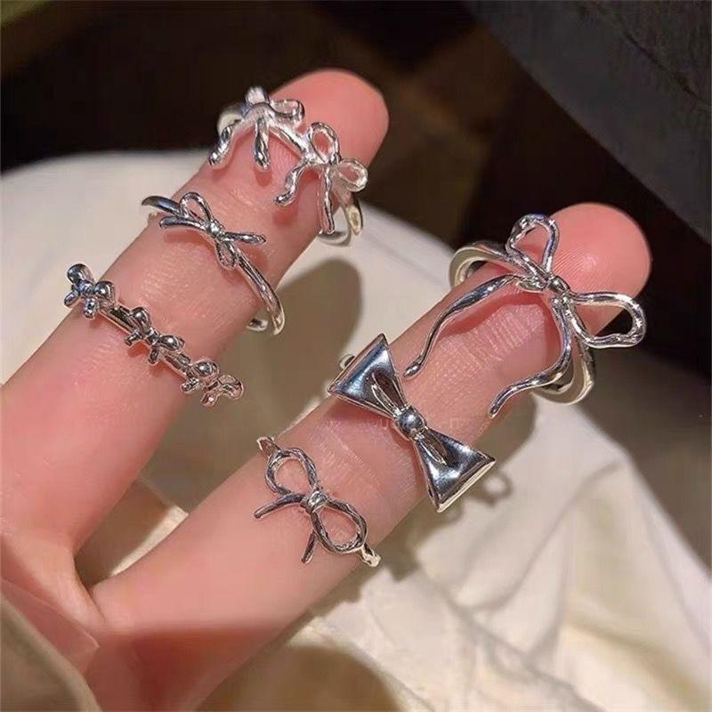 New elegant and sweet women s silver bow ring, fashionable and simple style, suitable for daily and special occasion wear, adjustable Open ring6Set