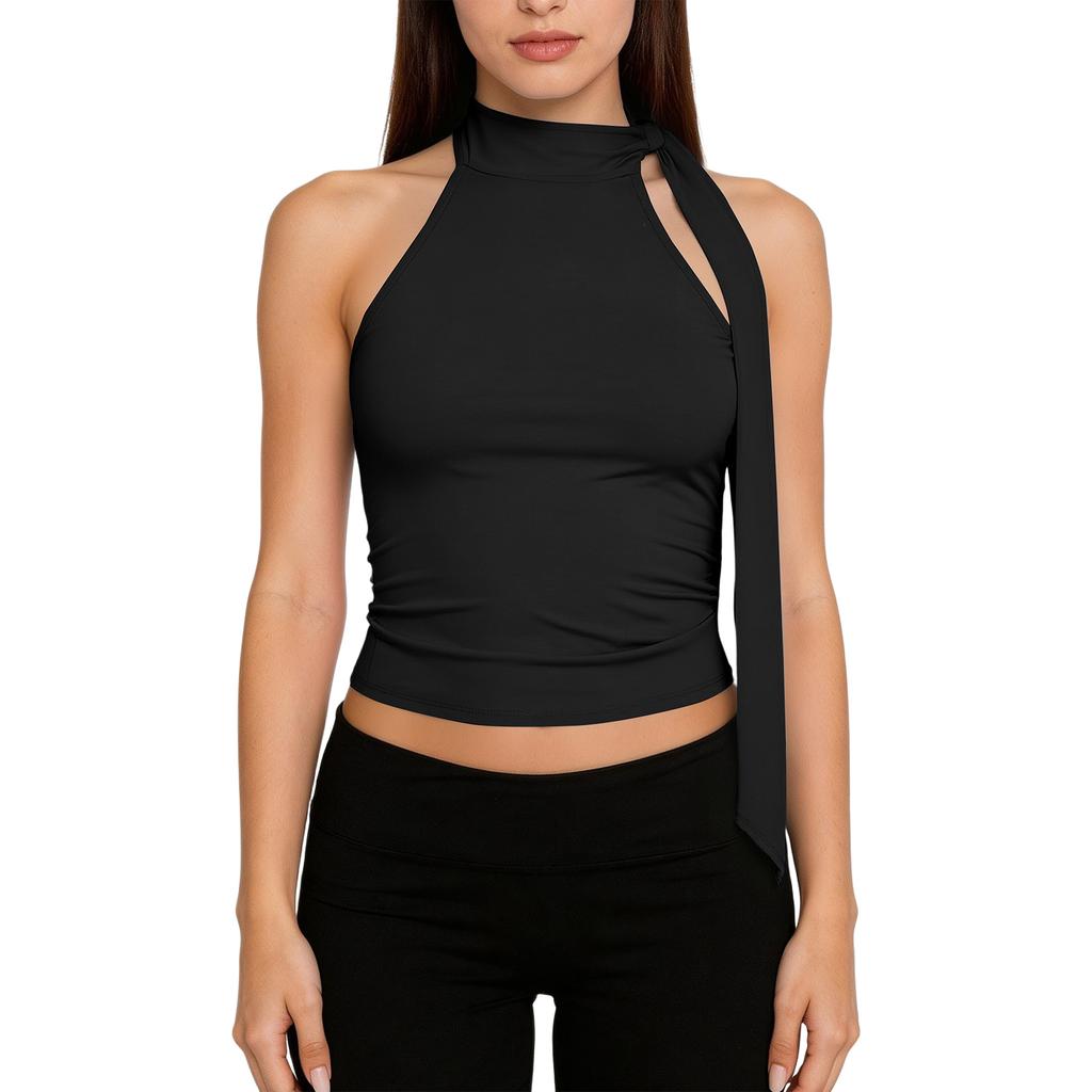 Women's Fashion Bow-Detail Cold-Shoulder High-Neck Sleeveless Top