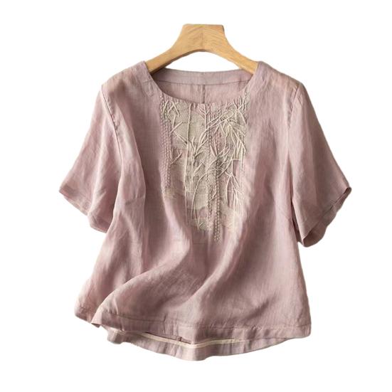 Women Tops Round Neck Short Sleeve Embroidery Bamboo Pattern Tee Shirt Solid Color Loose