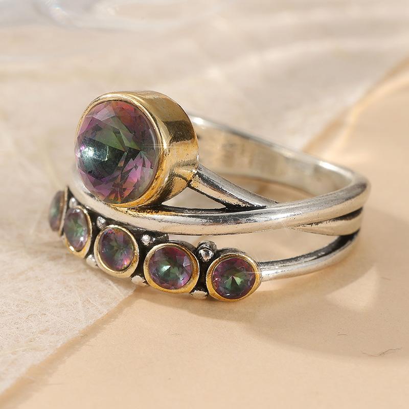 Vintage CopperColor Inlaid Multicolored CZ Surround Women's Ring Geometry Daily Wear Party Jewelry