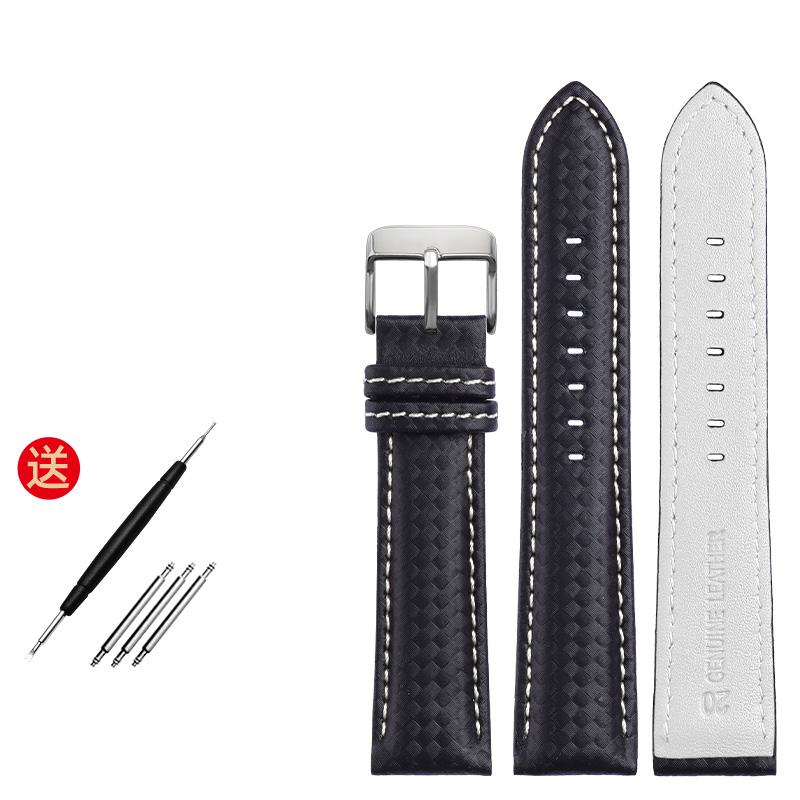 Echtes Lederarmband mit Kohlefaserkorn, Uhrenarmband 18 mm, 20 mm, rot-orangefarbene Nähte, Uhrenarmband 21 mm, 22 mm, 23 mm, 24 mm