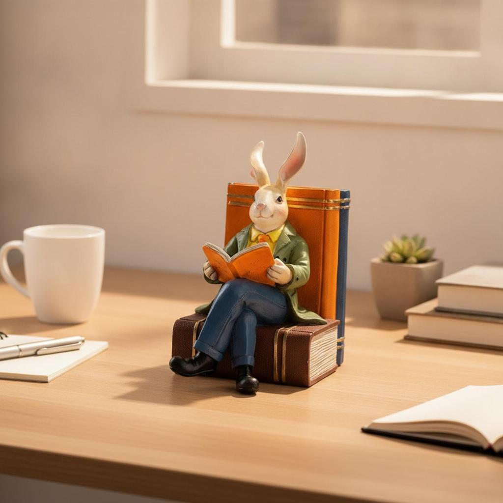 Rabbit Figurine with Books Whimsical Decor Gold for Reading Nook, Avid Readers