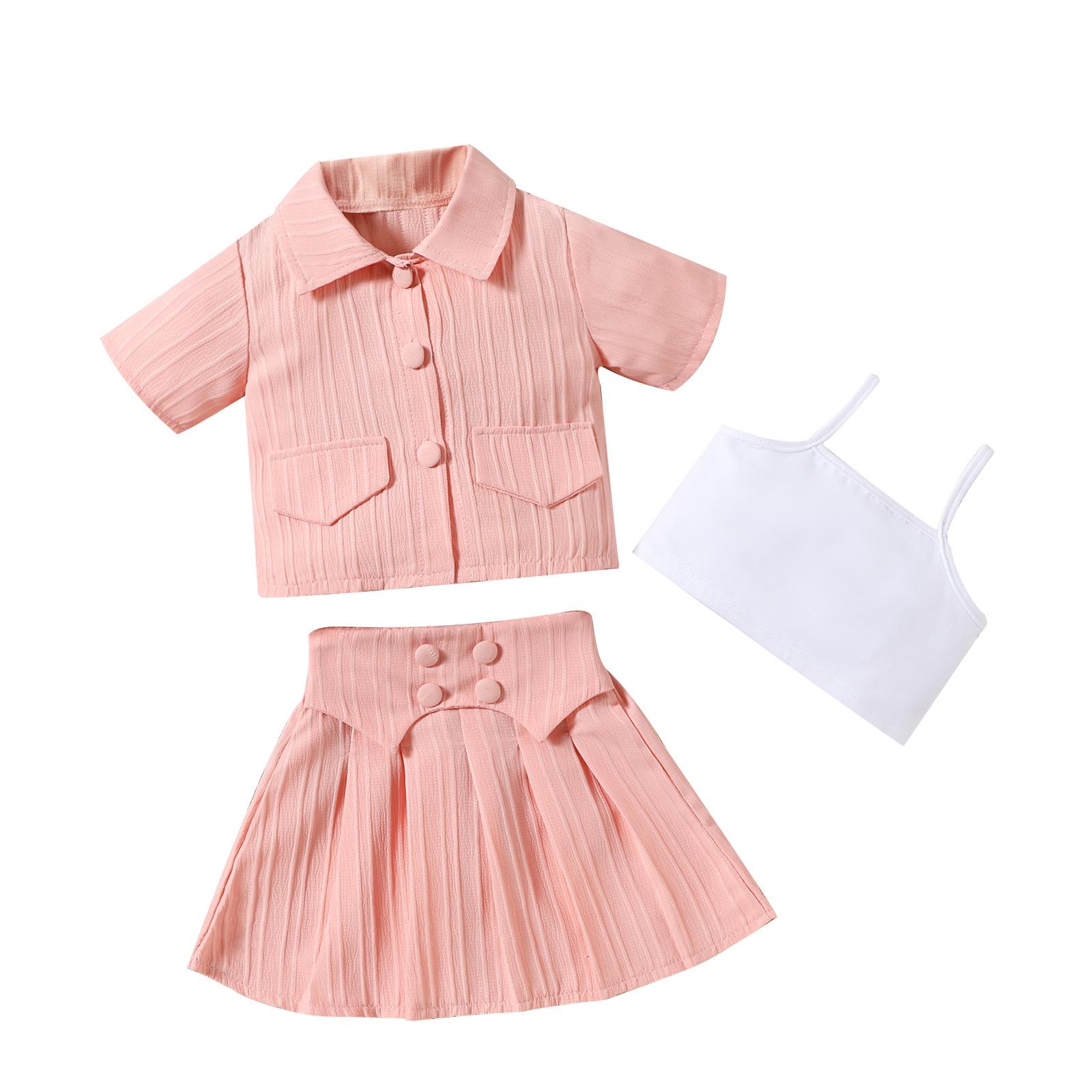 

Летний модный комплект для девочек Детская повседневная куртка + жилет на бретелях + плиссированная юбка 130cm розовый